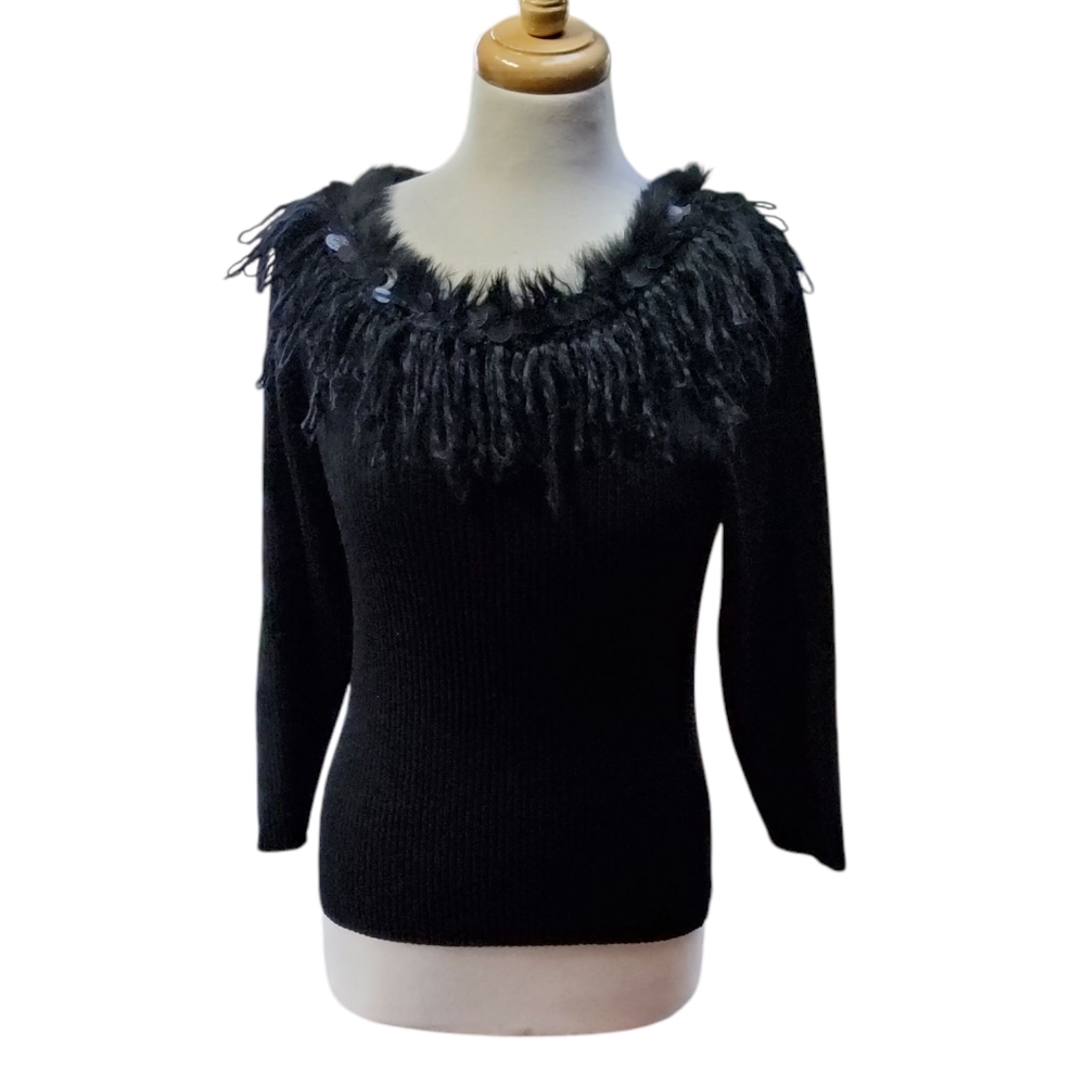 Attitude Black Sweater with Shaggy Fringe And Rabbit Fur Trim